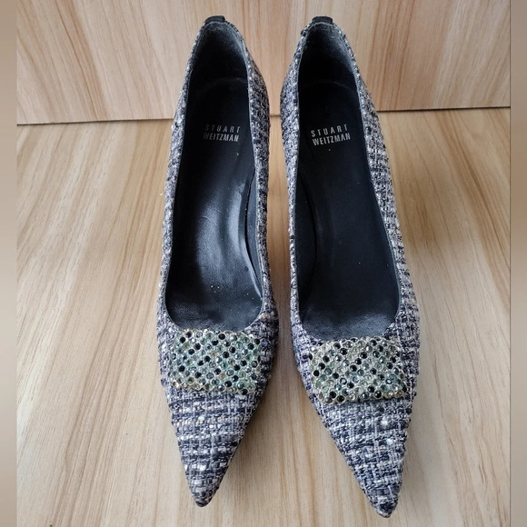 STUART WEITZMAN Tweed Crystal Rhinestones Embellished Pumps Sz 9 M pointed toe. - Picture 1 of 10